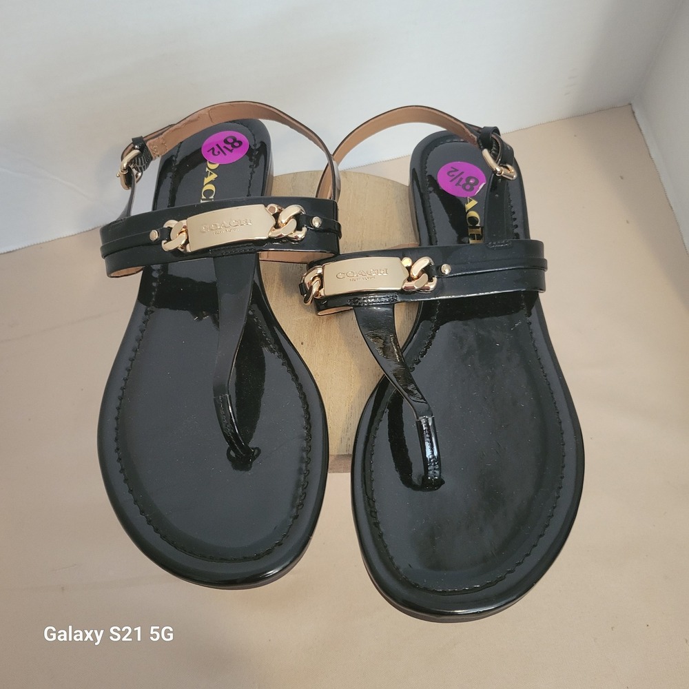 Coach Caterine Black Patent Leather Chain Logo Thong Slingback Sandals 8.5B